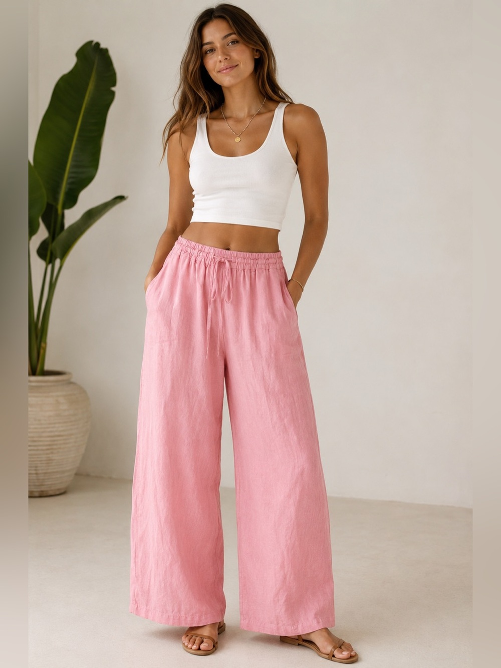 CP Shades Linen Pants Womens Large Pink Wide Leg Drawstring Pull On Made USA